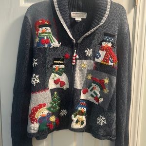 Ugly Christmas Sweater in Blue with a Full Zip by Tiara International Size Large